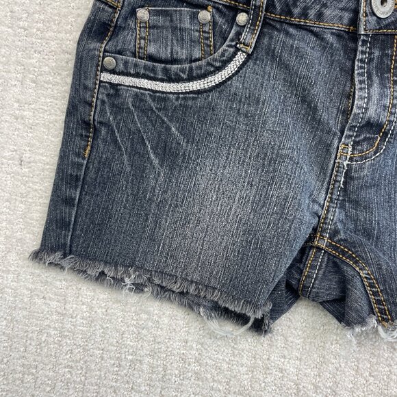 Y2K Suko Jeans Women Sz 7 Jean Shorts Denim Dark Blue Silver Distressed Cutoff - Picture 5 of 13